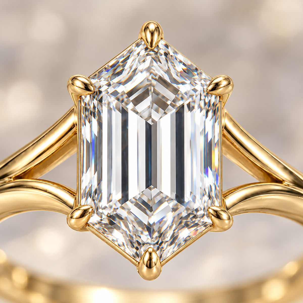 MISSISSI Hexagonal Split-Shoulder Lab-Grown Diamond Ring in yellow gold, diamond macro detail; design visualization