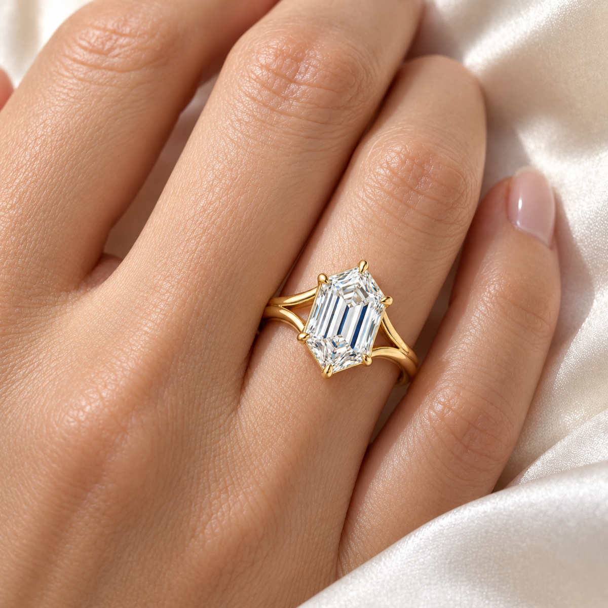 MISSISSI Hexagonal Split-Shoulder Lab-Grown Diamond Ring in yellow gold, illustrative on-hand view; design visualization