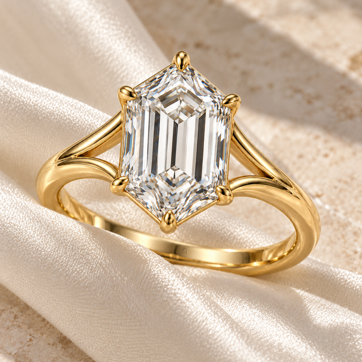 MISSISSI Hexagonal Split-Shoulder Lab-Grown Diamond Ring in yellow gold, editorial silk and stone still life; design visualization