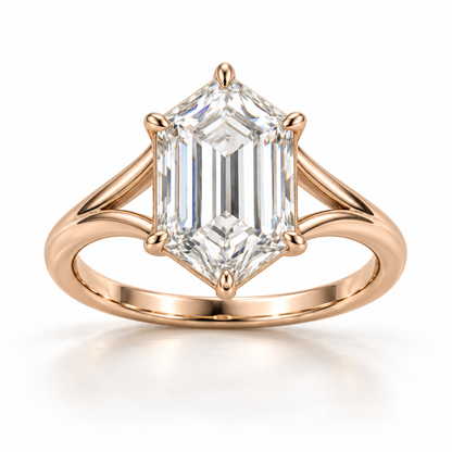 MISSISSI Hexagonal Split-Shoulder Lab-Grown Diamond Ring in rose gold, front product view on white; design visualization