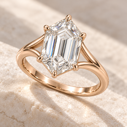 MISSISSI Hexagonal Split-Shoulder Lab-Grown Diamond Ring in rose gold, elevated angled view; design visualization