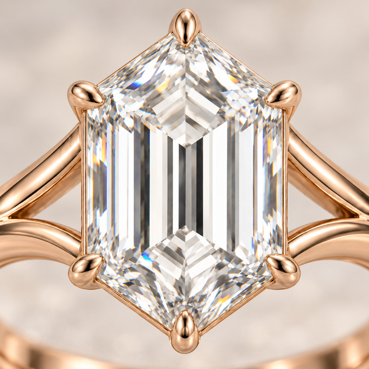MISSISSI Hexagonal Split-Shoulder Lab-Grown Diamond Ring in rose gold, diamond macro detail; design visualization