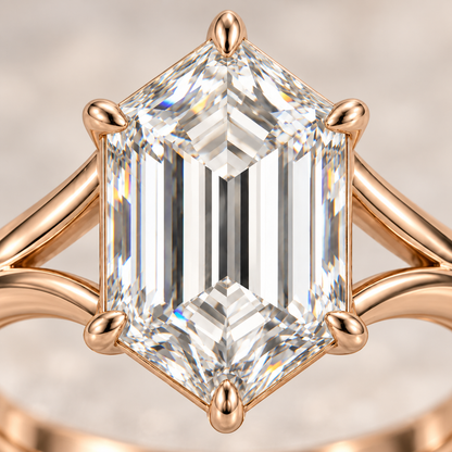 MISSISSI Hexagonal Split-Shoulder Lab-Grown Diamond Ring in rose gold, diamond macro detail; design visualization