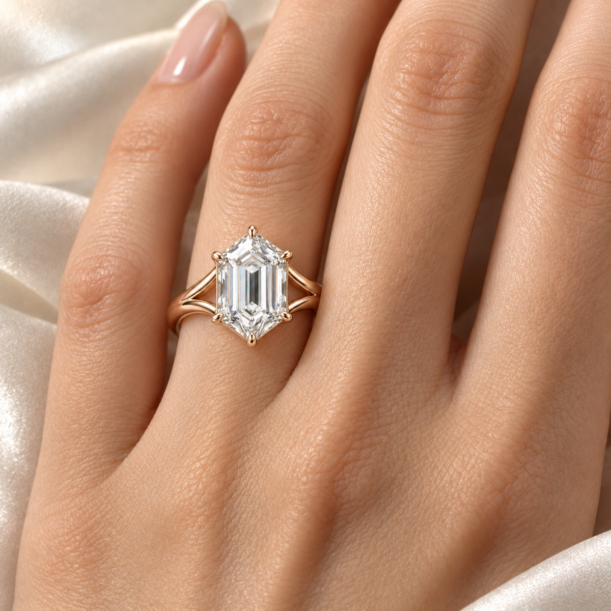 MISSISSI Hexagonal Split-Shoulder Lab-Grown Diamond Ring in rose gold, illustrative on-hand view; design visualization