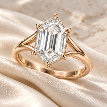 MISSISSI Hexagonal Split-Shoulder Lab-Grown Diamond Ring in rose gold, editorial silk and stone still life; design visualization