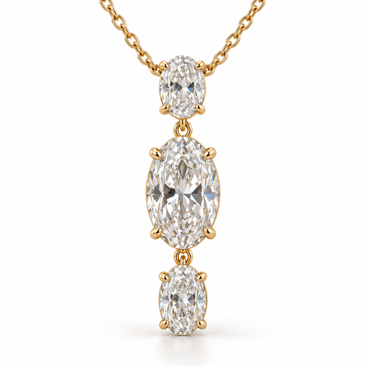 MISSISSI Oval Trio Drop Lab-Grown Diamond Necklace in yellow gold, front product view on white; design visualization