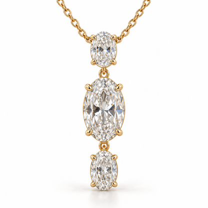 MISSISSI Oval Trio Drop Lab-Grown Diamond Necklace in yellow gold, front product view on white; design visualization