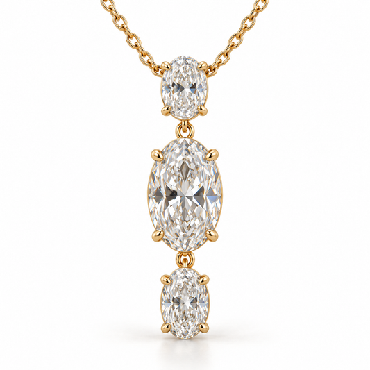 MISSISSI Oval Trio Drop Lab-Grown Diamond Necklace in yellow gold, front product view on white; design visualization