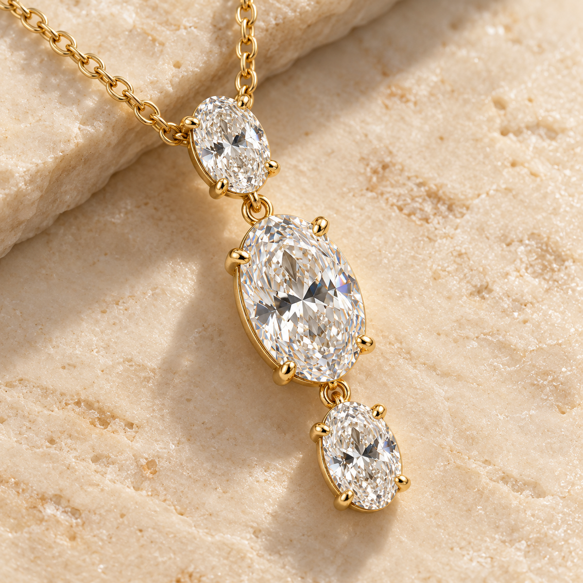 MISSISSI Oval Trio Drop Lab-Grown Diamond Necklace in yellow gold, elevated angled view; design visualization