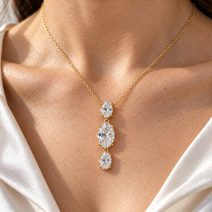 MISSISSI Oval Trio Drop Lab-Grown Diamond Necklace in yellow gold, illustrative on-neck view; design visualization