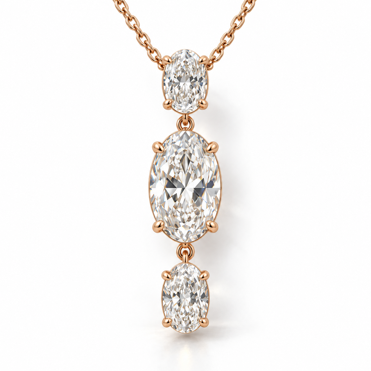 MISSISSI Oval Trio Drop Lab-Grown Diamond Necklace in rose gold, front product view on white; design visualization