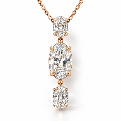 MISSISSI Oval Trio Drop Lab-Grown Diamond Necklace in rose gold, front product view on white; design visualization