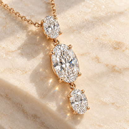 MISSISSI Oval Trio Drop Lab-Grown Diamond Necklace in rose gold, elevated angled view; design visualization