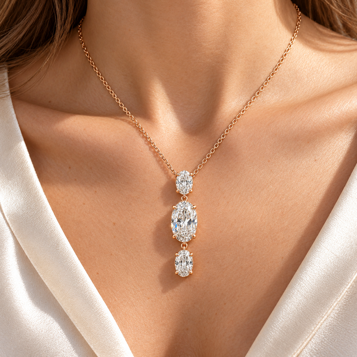 MISSISSI Oval Trio Drop Lab-Grown Diamond Necklace in rose gold, illustrative on-neck view; design visualization