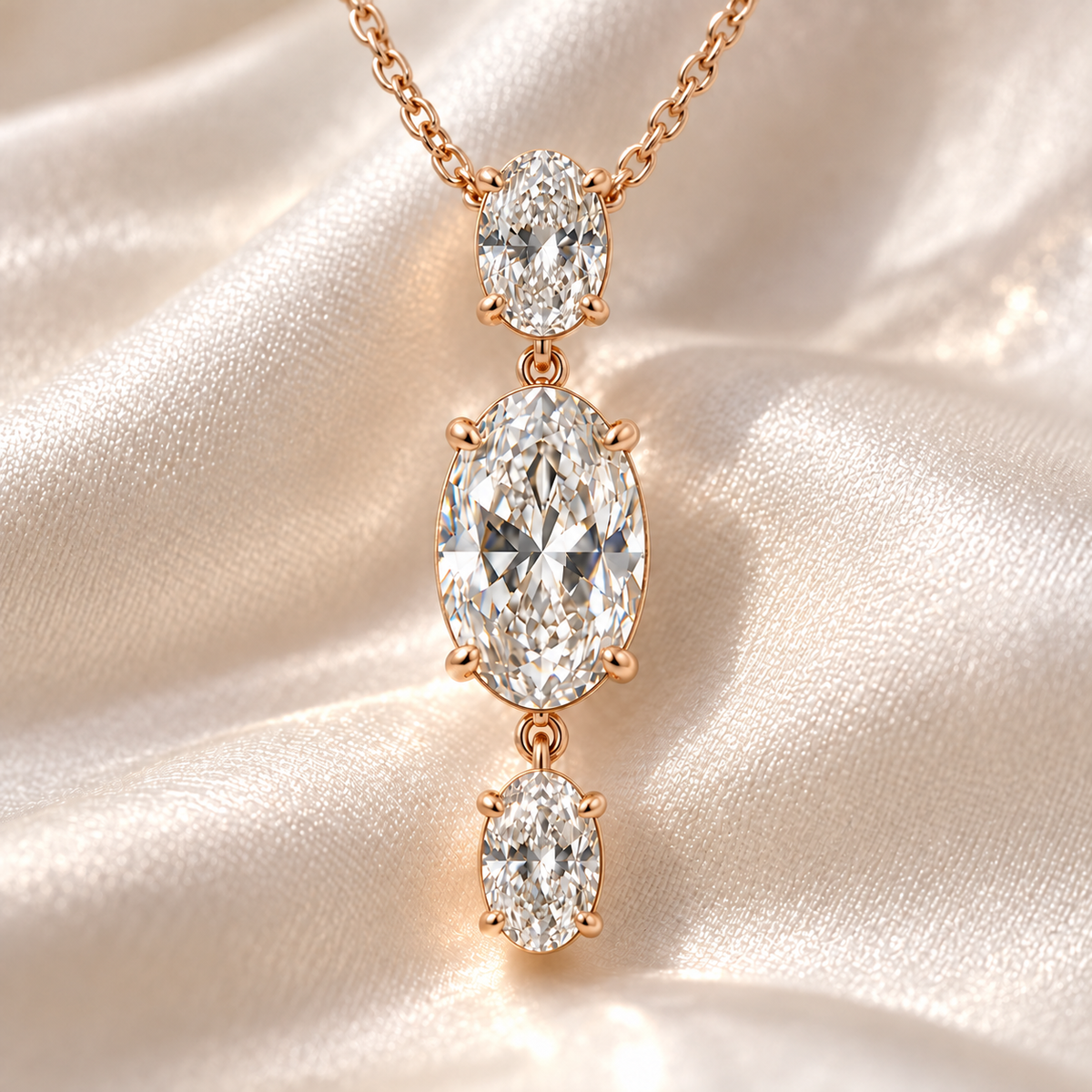 MISSISSI Oval Trio Drop Lab-Grown Diamond Necklace in rose gold, editorial silk and stone still life; design visualization