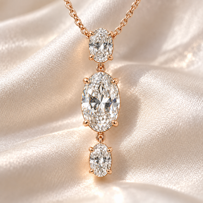MISSISSI Oval Trio Drop Lab-Grown Diamond Necklace in rose gold, editorial silk and stone still life; design visualization