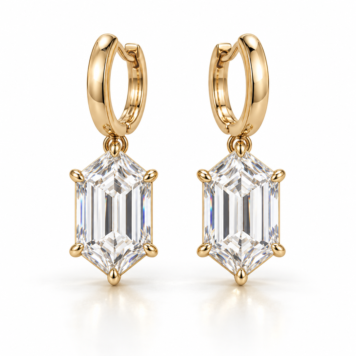 MISSISSI Hexagonal Huggie Drop Lab-Grown Diamond Earrings in yellow gold, front product view on white; design visualization