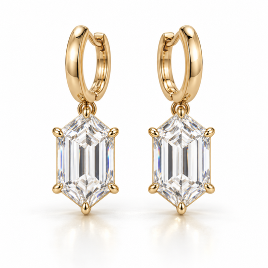 MISSISSI Hexagonal Huggie Drop Lab-Grown Diamond Earrings in yellow gold, front product view on white; design visualization