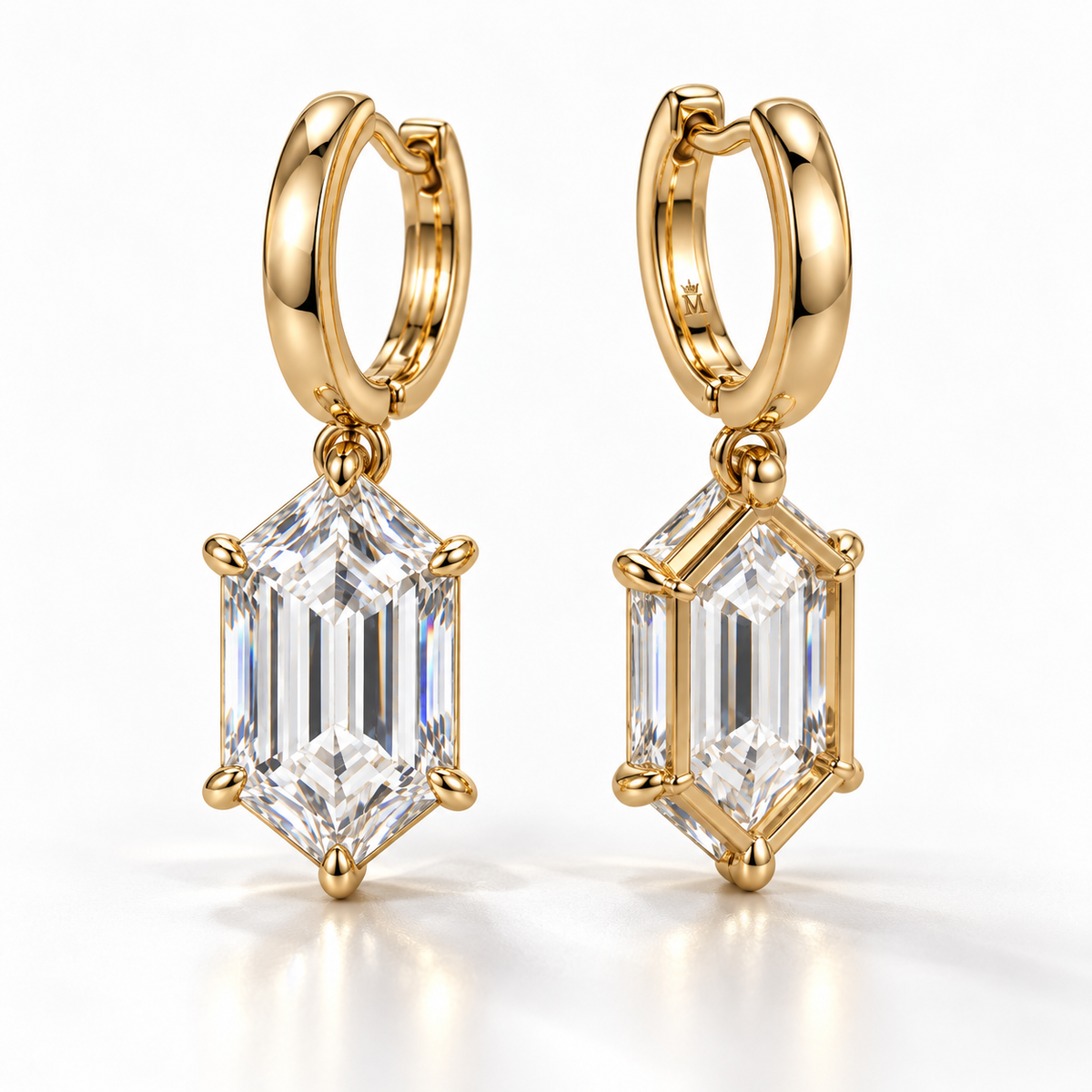MISSISSI Hexagonal Huggie Drop Lab-Grown Diamond Earrings in yellow gold, paired front and rear-oblique views with inner hoop engraving; design visualization