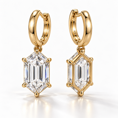 MISSISSI Hexagonal Huggie Drop Lab-Grown Diamond Earrings in yellow gold, paired front and rear-oblique views with inner hoop engraving; design visualization