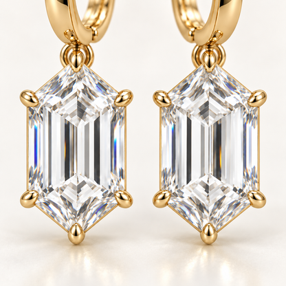 MISSISSI Hexagonal Huggie Drop Lab-Grown Diamond Earrings in yellow gold, macro detail of both six-sided step-cut diamond drops; design visualization