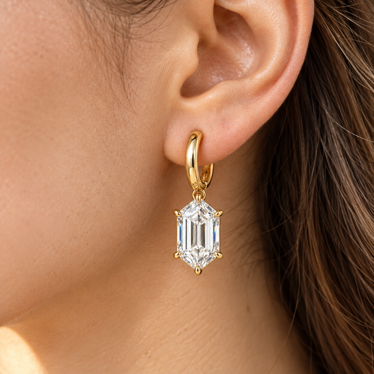 MISSISSI Hexagonal Huggie Drop Lab-Grown Diamond Earrings in yellow gold, illustrative single-ear worn view; design visualization