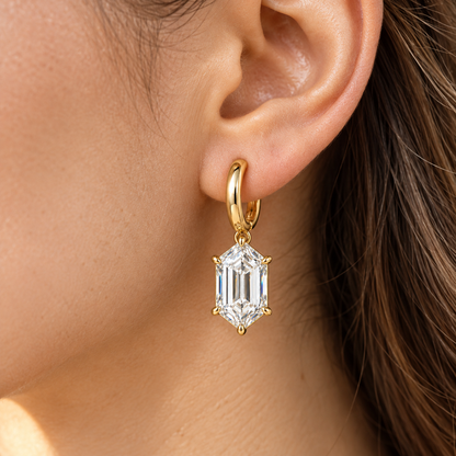 MISSISSI Hexagonal Huggie Drop Lab-Grown Diamond Earrings in yellow gold, illustrative single-ear worn view; design visualization