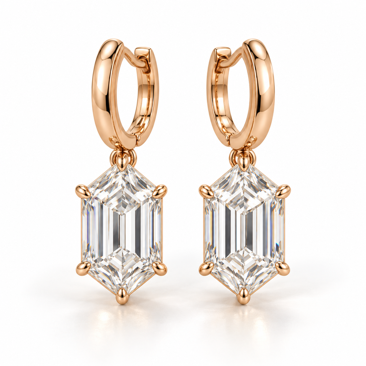 MISSISSI Hexagonal Huggie Drop Lab-Grown Diamond Earrings in rose gold, front product view on white; design visualization