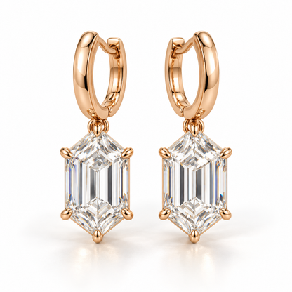 MISSISSI Hexagonal Huggie Drop Lab-Grown Diamond Earrings in rose gold, front product view on white; design visualization