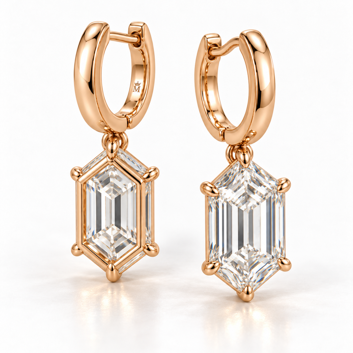 MISSISSI Hexagonal Huggie Drop Lab-Grown Diamond Earrings in rose gold, paired front and rear-oblique views with inner hoop engraving; design visualization