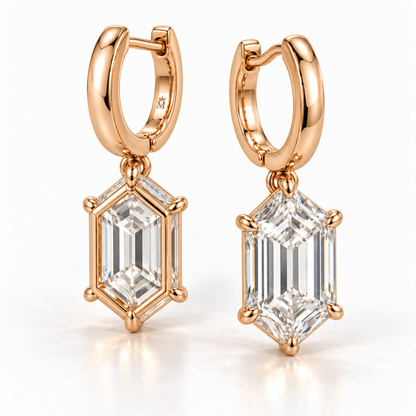 MISSISSI Hexagonal Huggie Drop Lab-Grown Diamond Earrings in rose gold, paired front and rear-oblique views with inner hoop engraving; design visualization
