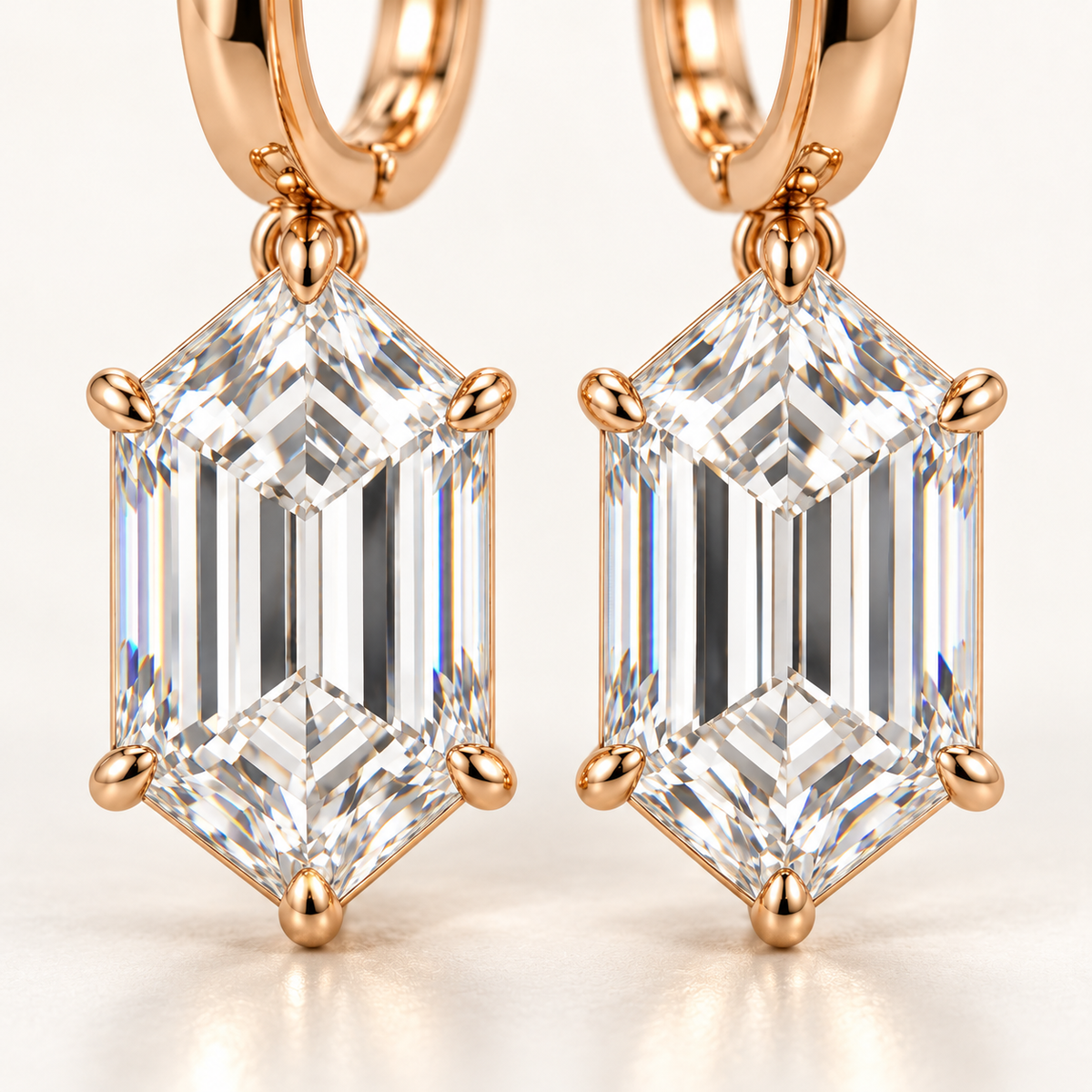 MISSISSI Hexagonal Huggie Drop Lab-Grown Diamond Earrings in rose gold, macro detail of both six-sided step-cut diamond drops; design visualization