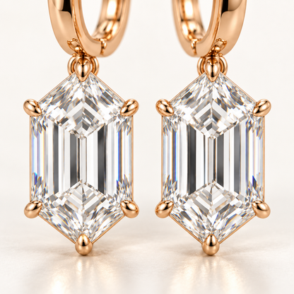 MISSISSI Hexagonal Huggie Drop Lab-Grown Diamond Earrings in rose gold, macro detail of both six-sided step-cut diamond drops; design visualization