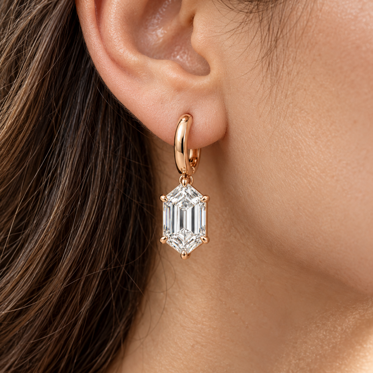 MISSISSI Hexagonal Huggie Drop Lab-Grown Diamond Earrings in rose gold, illustrative single-ear worn view; design visualization