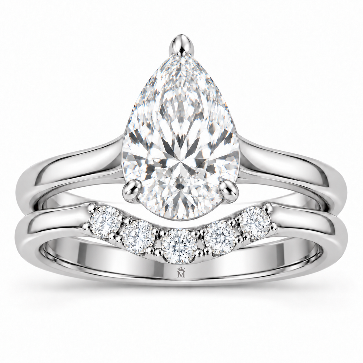 Vow pear lab-grown diamond bridal ring set in white gold, front view with the hallmark centered inside the shank; AI-generated design visualization
