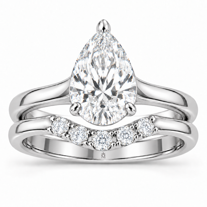 Vow pear lab-grown diamond bridal ring set in white gold, front view with the hallmark centered inside the shank; AI-generated design visualization