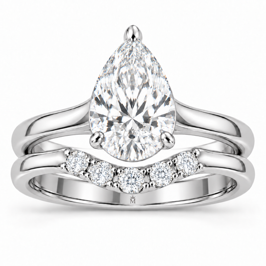 Vow pear lab-grown diamond bridal ring set in white gold, front view with the hallmark centered inside the shank; AI-generated design visualization