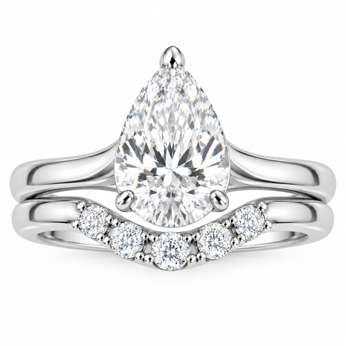 Vow pear engagement ring and contoured wedding band set in 14K white gold, top-down product view on white.