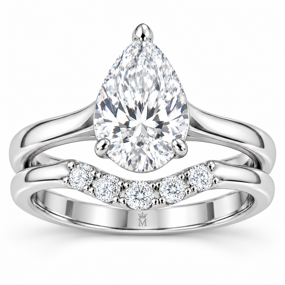 Vow pear engagement ring and contoured wedding band set in 14K white gold, close-up of the diamond setting.