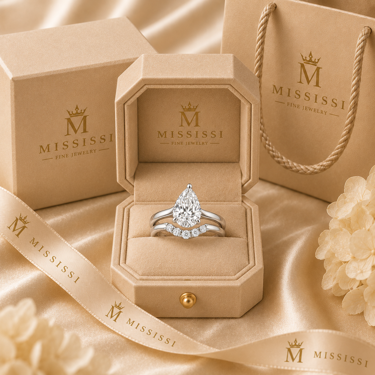 Vow pear engagement ring and contoured wedding band set in 14K white gold, presented in coordinated champagne-beige MISSISSI packaging.