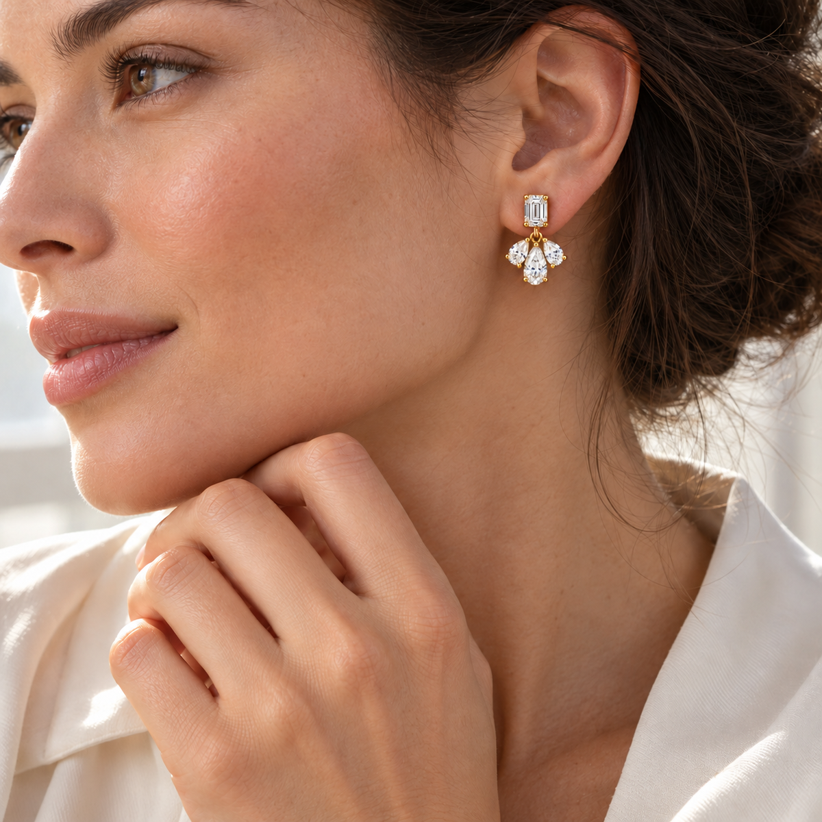 MISSISSI Emerald Fan lab-grown diamond earrings in 14K yellow gold, worn