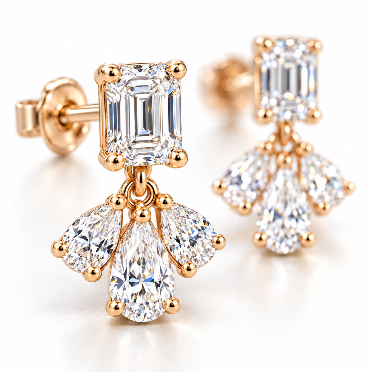 MISSISSI Emerald Fan lab-grown diamond earrings in 14K pale champagne rose gold, macro detail