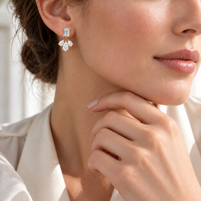 MISSISSI Emerald Fan lab-grown diamond earrings in 14K pale champagne rose gold, worn