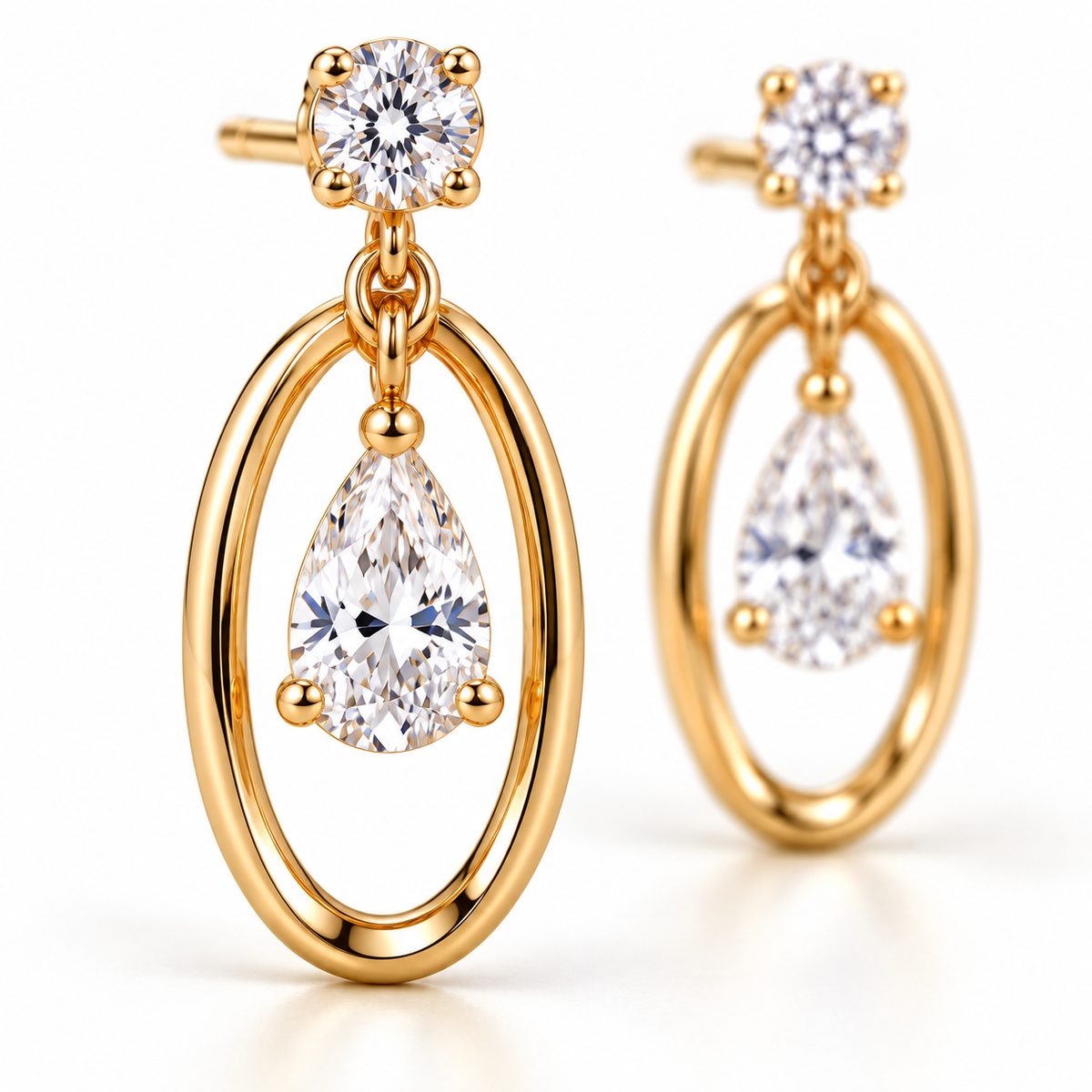 MISSISSI Pear Orbit lab-grown diamond earrings in 14K yellow gold, macro detail