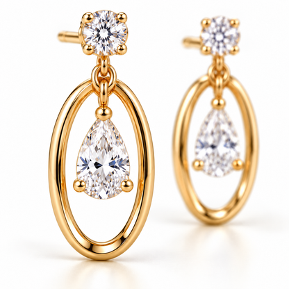 MISSISSI Pear Orbit lab-grown diamond earrings in 14K yellow gold, macro detail