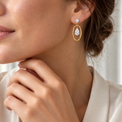 MISSISSI Pear Orbit lab-grown diamond earrings in 14K yellow gold, worn