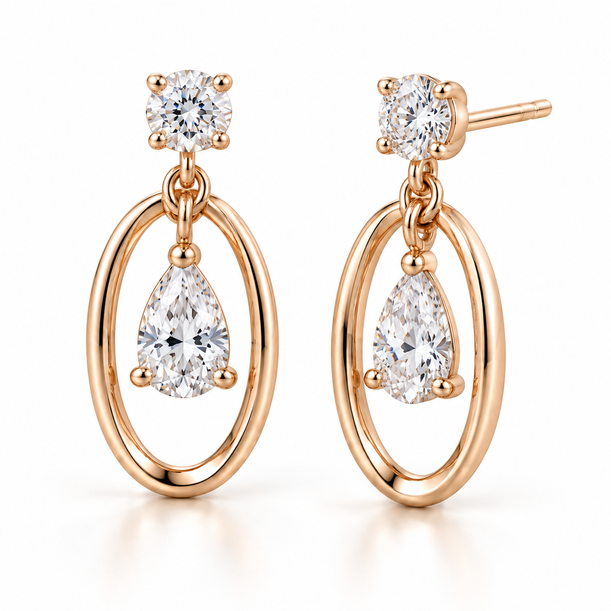 MISSISSI Pear Orbit lab-grown diamond earrings in 14K pale champagne rose gold, three quarter