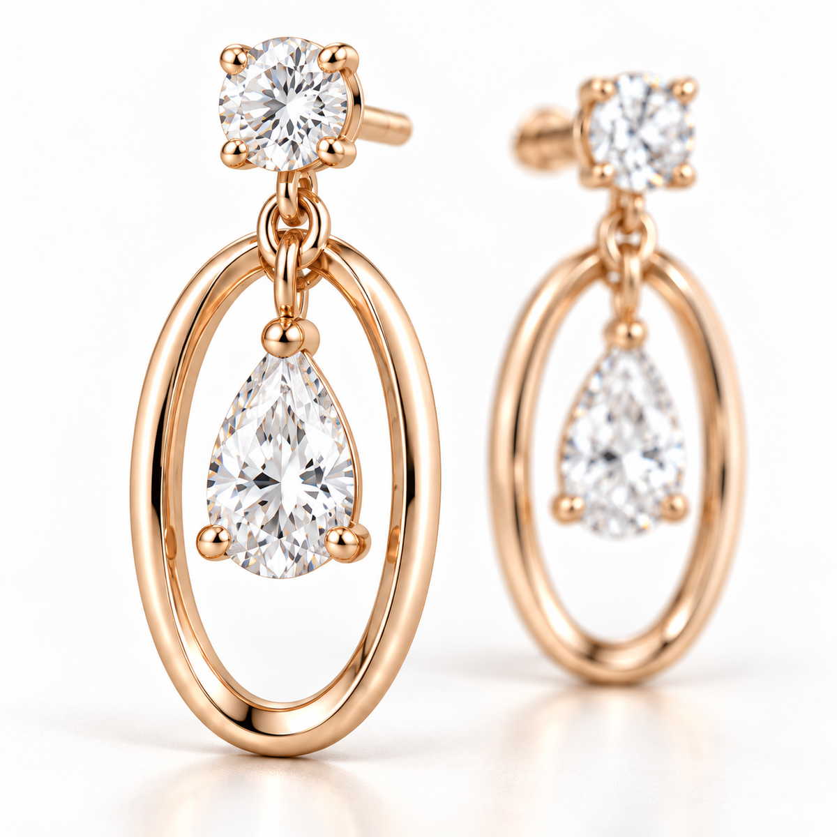 MISSISSI Pear Orbit lab-grown diamond earrings in 14K pale champagne rose gold, macro detail