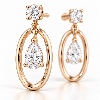 MISSISSI Pear Orbit lab-grown diamond earrings in 14K pale champagne rose gold, macro detail