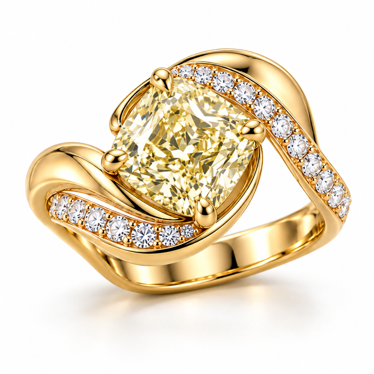 MISSISSI Cushion Spiral lab-grown diamond ring in 14K yellow gold, three quarter